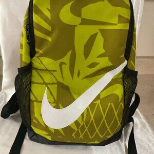 Used Nike Lime Green Print Backpack With White Swoosh Logo Mesh Side Pockets Pad
